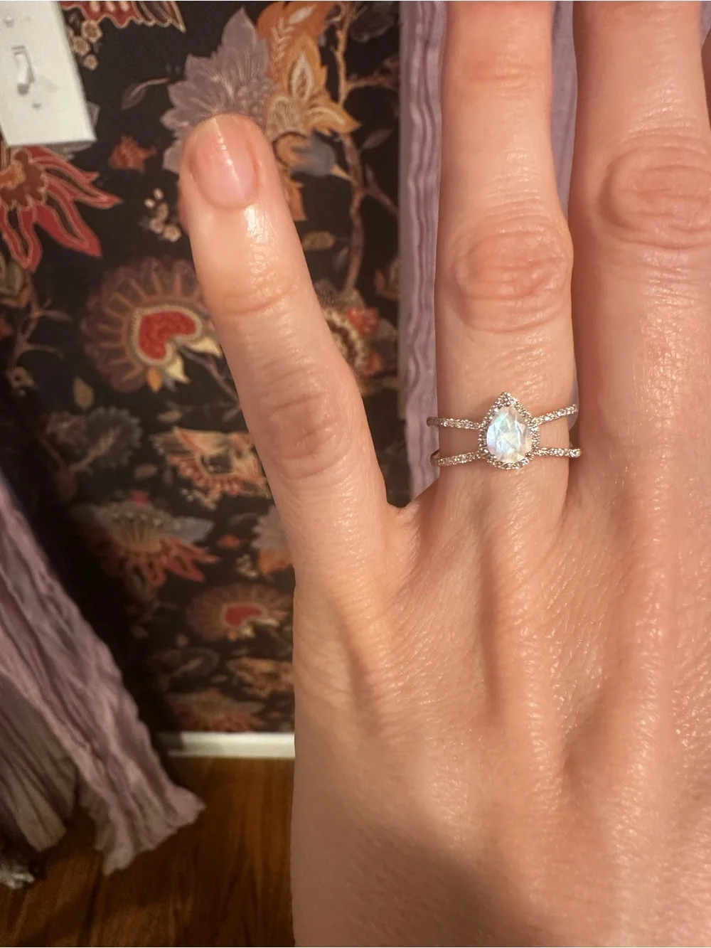 14kt Yellow Gold Double-Band Teardrop Moonstone Ring with Diamond Halo